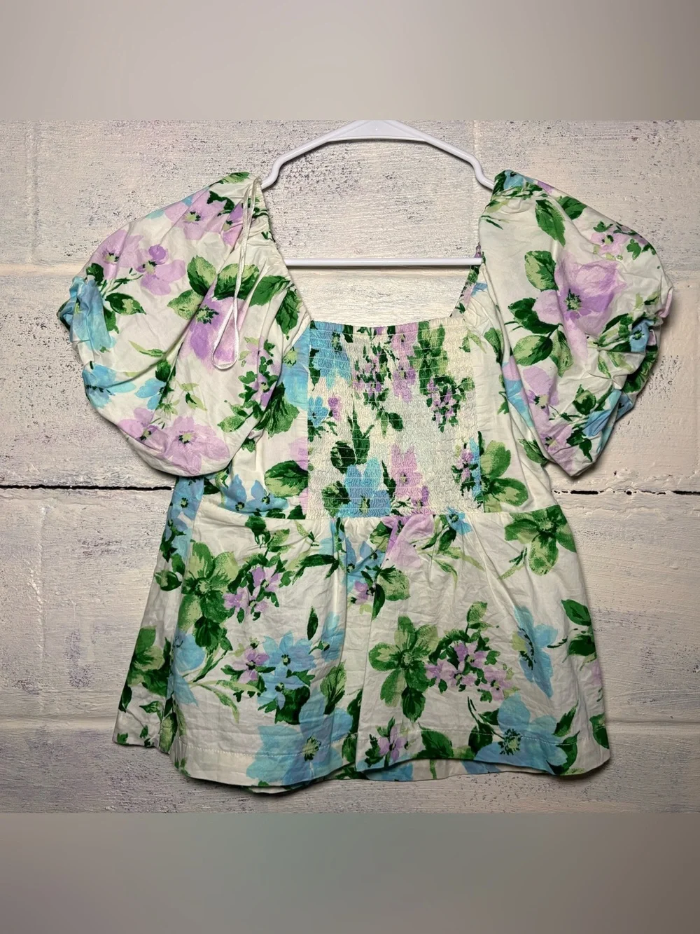Old Navy White Floral Puff-Sleeve Square Neck Top - Blue & Green